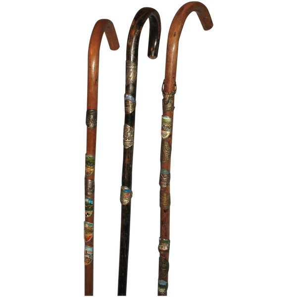 Alpine walking canes with badges 50s-60s Bavaria Germany Austria