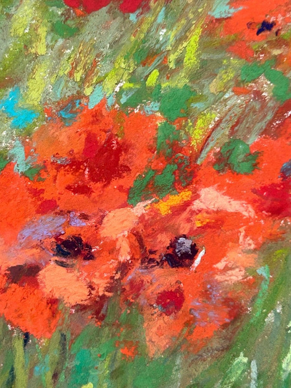 Pastel -fields Of Poppies Signature to be determined About 1950