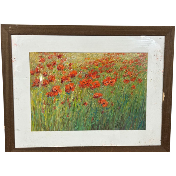 Pastel -fields Of Poppies Signature to be determined About 1950