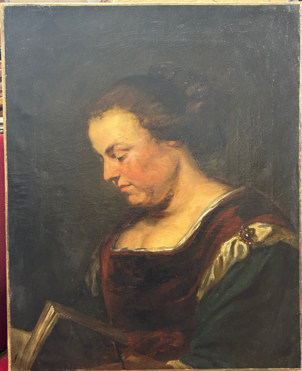 Oil On Canvas - Portrait De Femme à La Lecture Early 19th Century