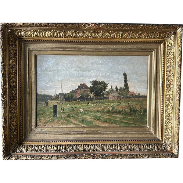 Adrien Jacques Sauzay (1841-1928) L’entrée du village - Huile Sur Panneau D’acajou
