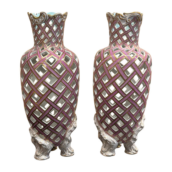 Pair Of Openwork Porcelain Vases Late 19th Century - Saxony - Meissen - Dresden