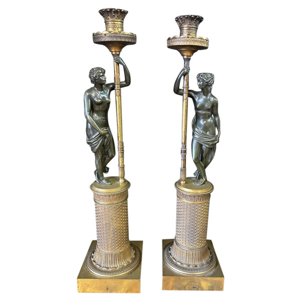 Pair Of Bronze Antique Women Candlesticks Empire Period - Early 19th Century