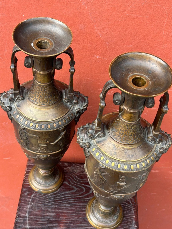 Paire De Vases Amphore Néo - Grec En Bronze à Deux Patines - France Fin XIXéme