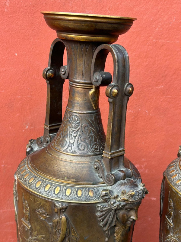 Paire De Vases Amphore Néo - Grec En Bronze à Deux Patines - France Fin XIXéme
