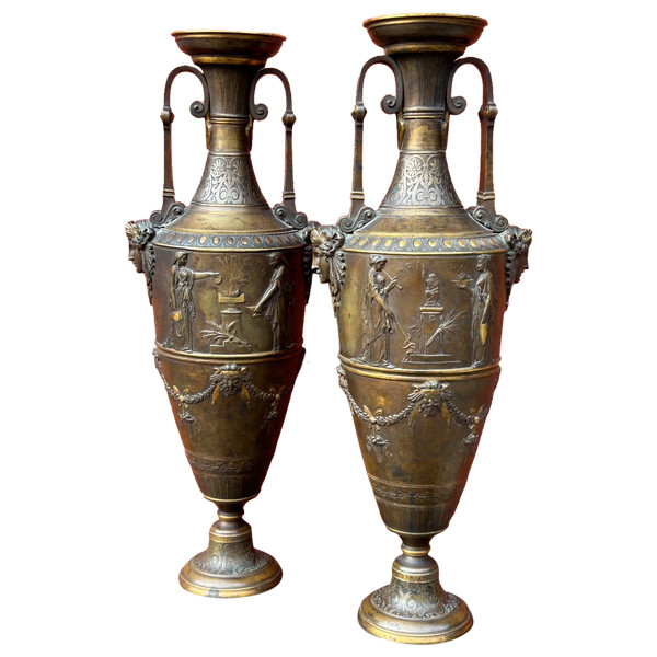 Paire De Vases Amphore Néo - Grec En Bronze à Deux Patines - France Fin XIXéme