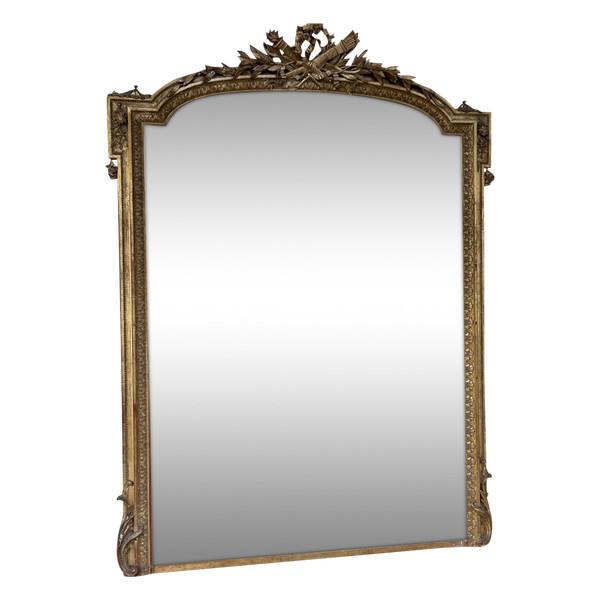 Important Miroir- Glace époque XIXe En Bois Et Stuc Doré De Style Louis XVI H 216 Cm