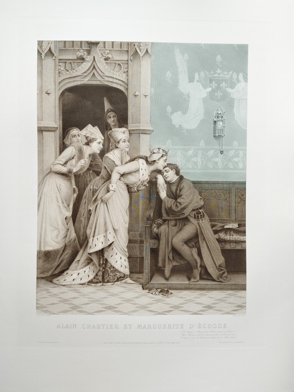 Alain Chartier And Marguerite Of Scotland Large Engraving After Wagrez  Etching 19th C Old Print