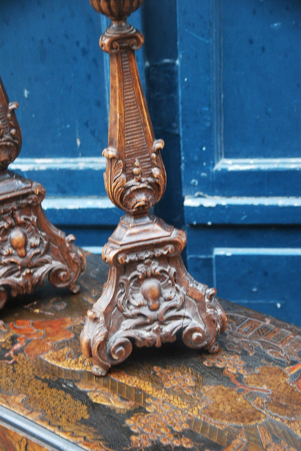 Coppia Di Candelieri In Legno Intagliato Epoca Luigi XIV
