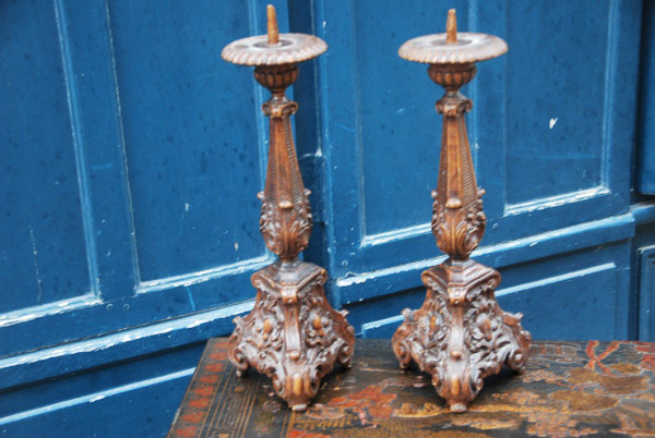 Coppia Di Candelieri In Legno Intagliato Epoca Luigi XIV