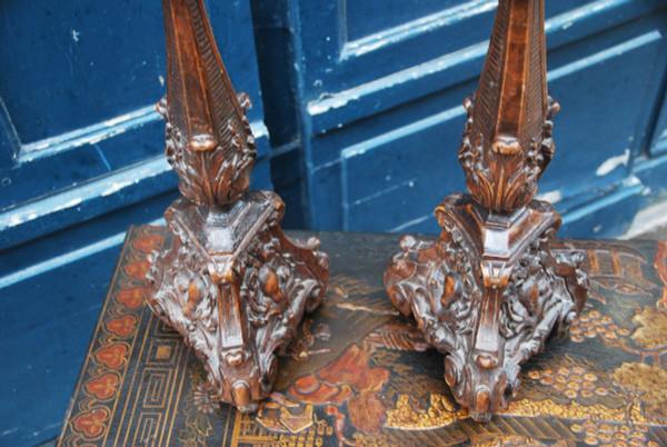 Coppia Di Candelieri In Legno Intagliato Epoca Luigi XIV