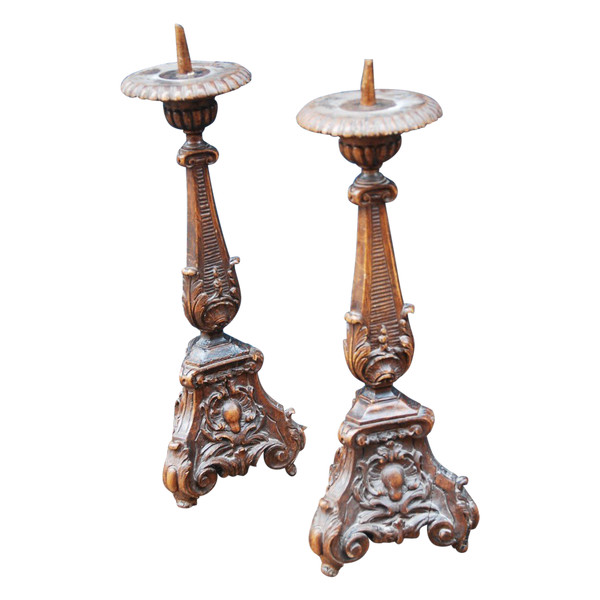 Coppia Di Candelieri In Legno Intagliato Epoca Luigi XIV