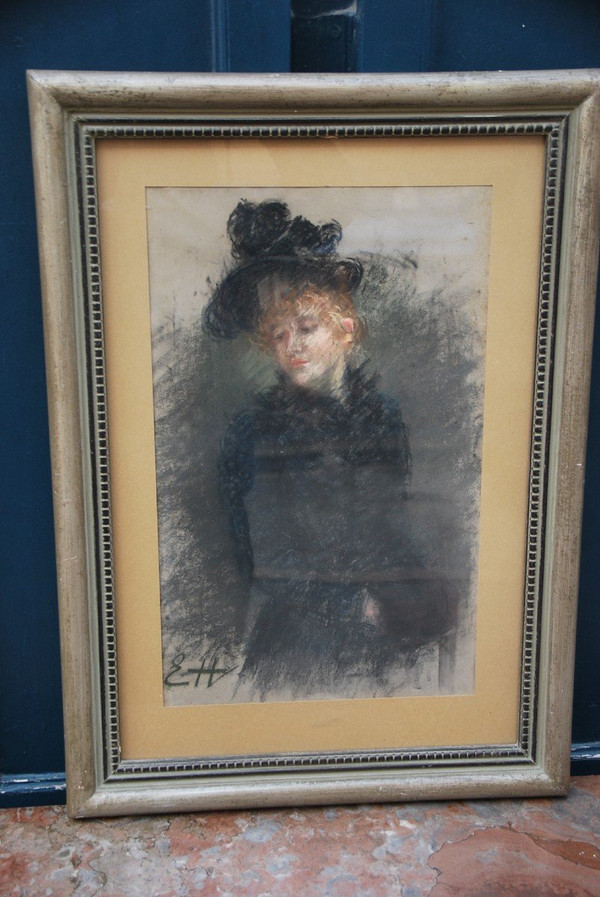 Elegantes Pastel Au Chapeau, signiert De Huillard