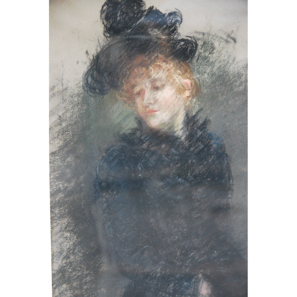 Elegantes Pastel Au Chapeau, signiert De Huillard