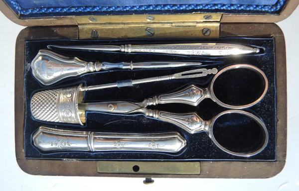 Sewing Kit Silver Late 19th Napoleon III Scissors Hook Thimble