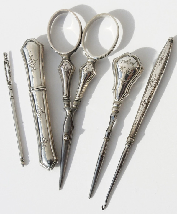Sewing Kit Silver Late 19th Napoleon III Scissors Hook Thimble