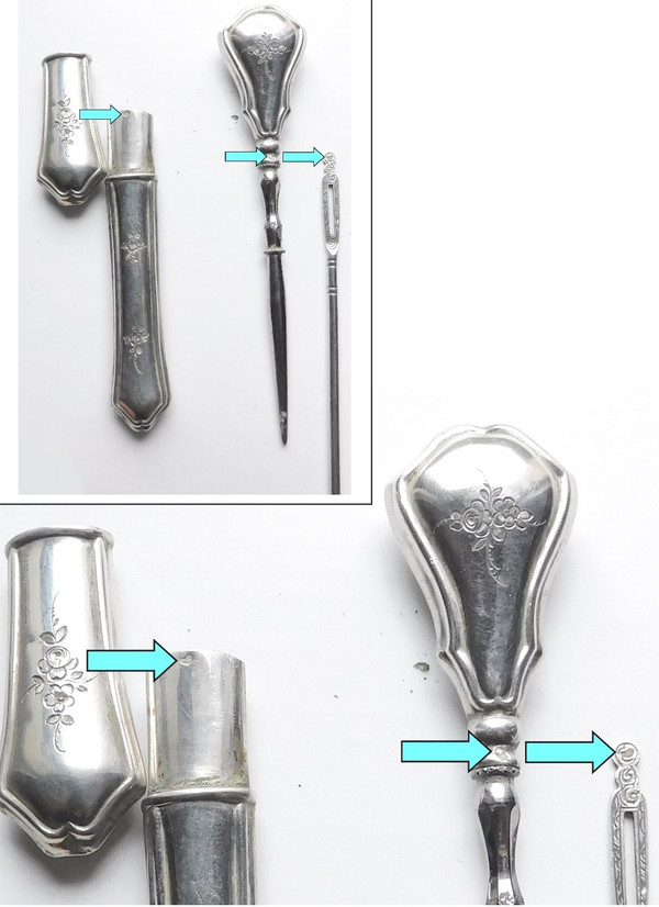 Sewing Kit Silver Late 19th Napoleon III Scissors Hook Thimble
