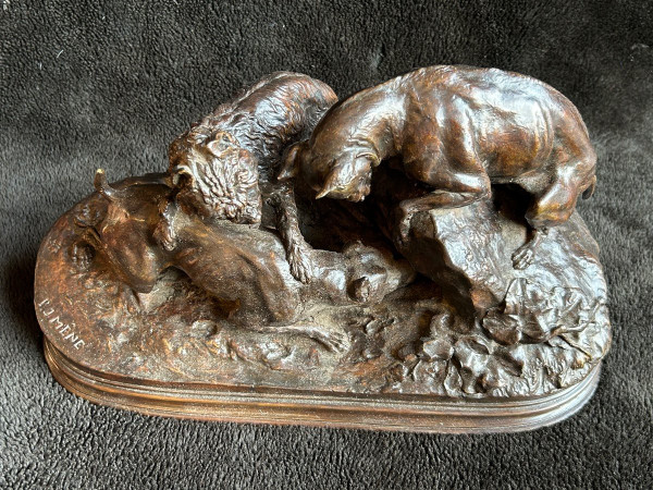 Pierre Jules Mène (1810-1879)" Trois Chiens Au Terrier" Bronze d'Edition Ancienne