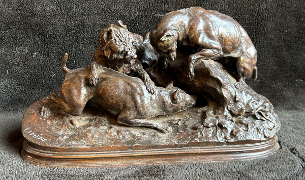 Pierre Jules Mène (1810-1879)" Trois Chiens Au Terrier" Bronze d'Edition Ancienne