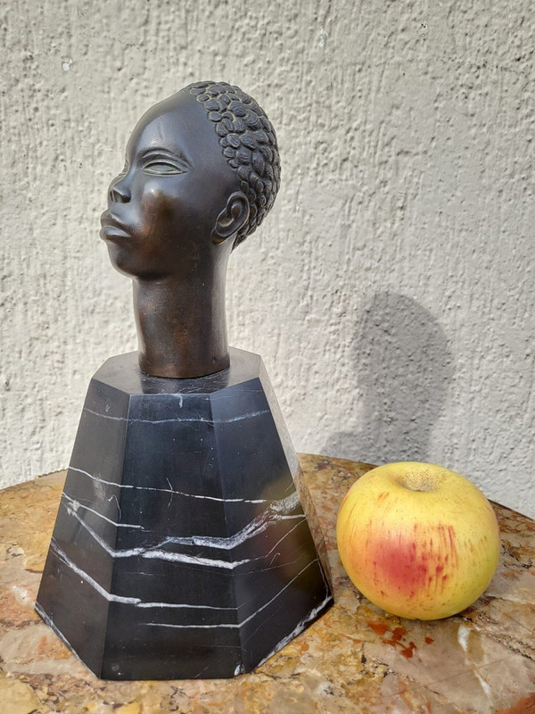 Scultura In Bronzo, Testa Africana, Su Base, XX Secolo