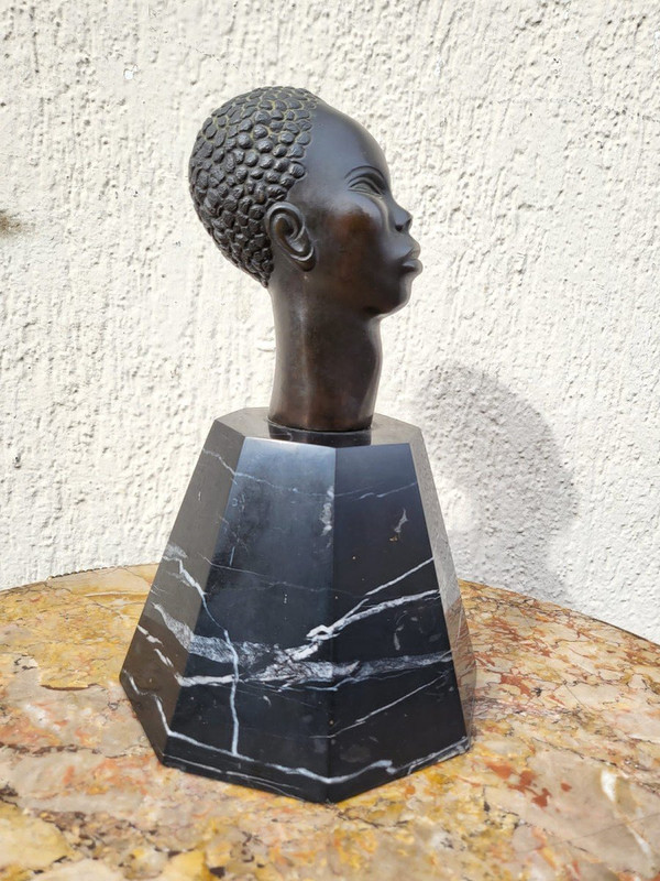 Scultura In Bronzo, Testa Africana, Su Base, XX Secolo