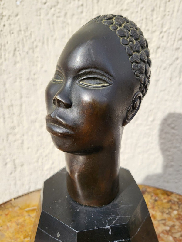 Scultura In Bronzo, Testa Africana, Su Base, XX Secolo