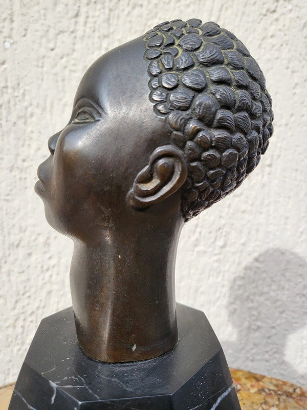 Scultura In Bronzo, Testa Africana, Su Base, XX Secolo