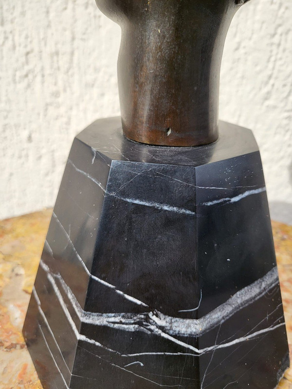 Scultura In Bronzo, Testa Africana, Su Base, XX Secolo
