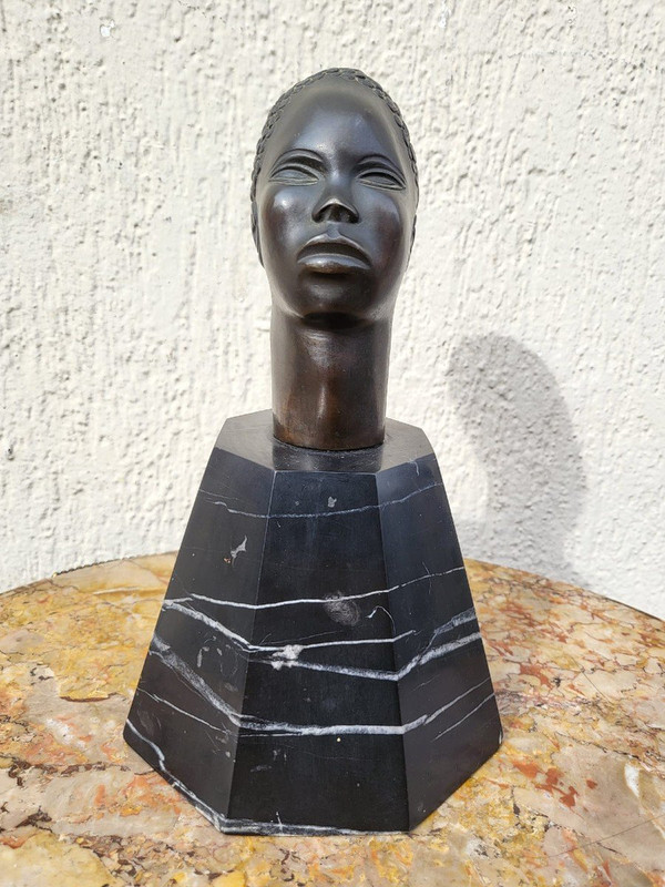 Scultura In Bronzo, Testa Africana, Su Base, XX Secolo