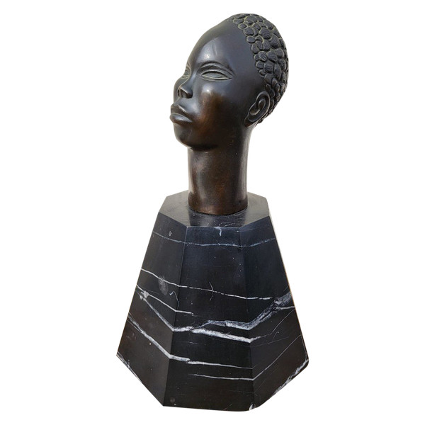 Scultura In Bronzo, Testa Africana, Su Base, XX Secolo