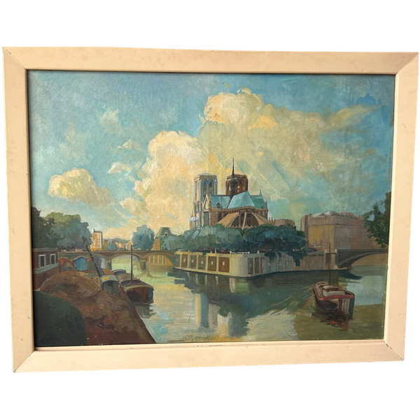 Cathédrale Notre Dame De Paris - Grande olio su tela 1940 circa - H 112 x L 142 cm