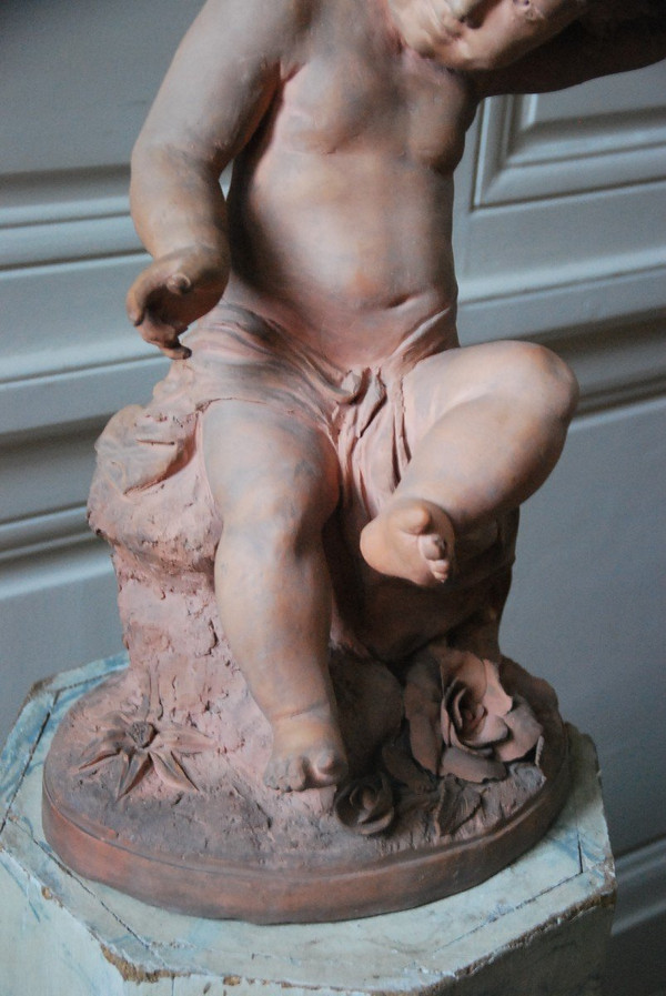 Importante Bambino con Tamburello in Terracotta XIX Secolo