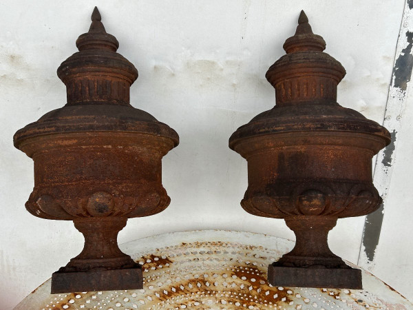 Pair Of Louis XVI Style Cast Iron Fire Pot Vases 19th Century