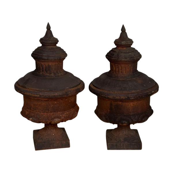 Pair Of Louis XVI Style Cast Iron Fire Pot Vases 19th Century