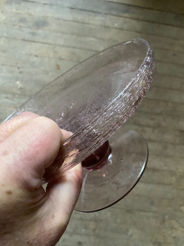 Very elegant cake stand in blown and bubbled purplish pink glass from Biot, 1960s