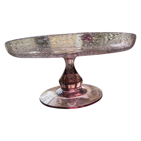 Very elegant cake stand in blown and bubbled purplish pink glass from Biot, 1960s