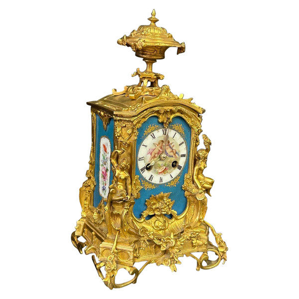 Pendule Bronze Doré Et Plaques De Porcelaine D’époque Napoléon III