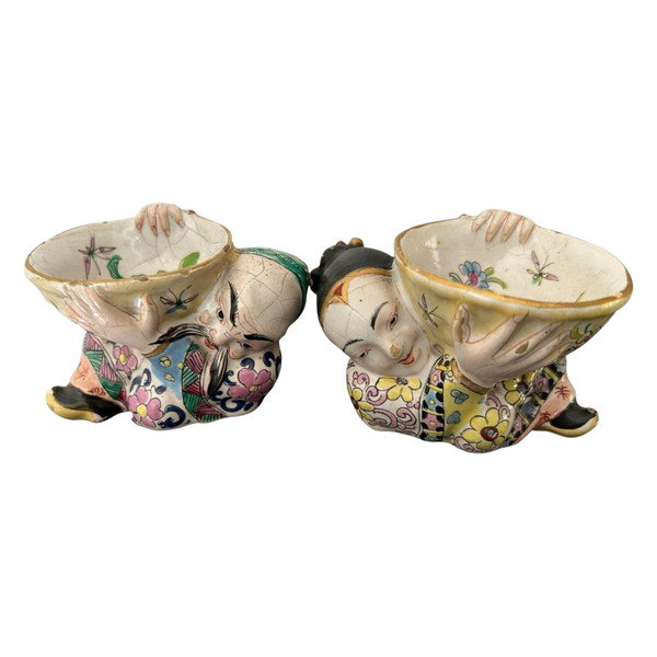 Rare Pair Of Chinese Salerons In Delft Polychrome Earthenware from the 19th Century