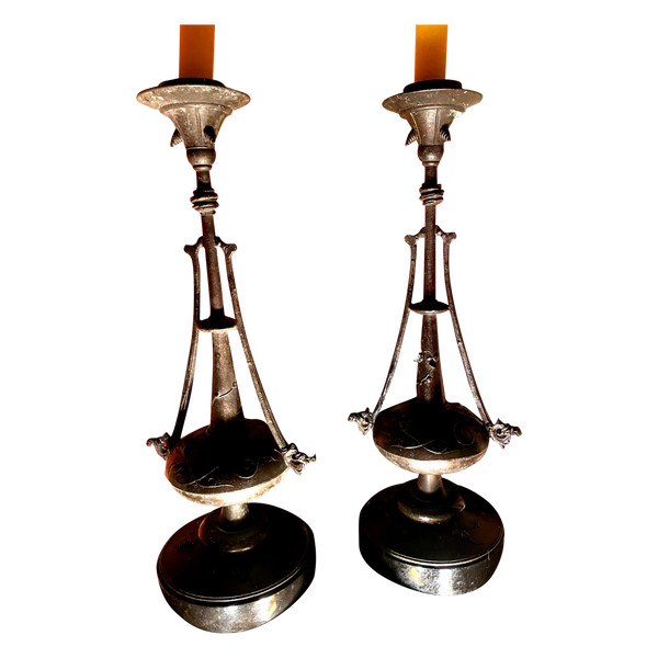  Decorativi Coppia di candelieri in ghisa patinata con base in marmo nero antico di Carrara Napoleone III
