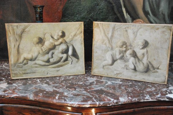 Pia Sauvage, Paar Kleine Leinwände Jeux De Putti, 18. Jahrhundert