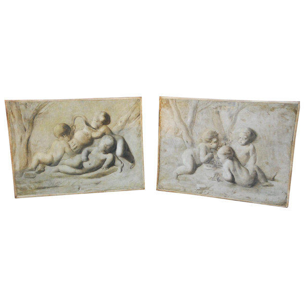Pia Sauvage, Paar Kleine Leinwände Jeux De Putti, 18. Jahrhundert
