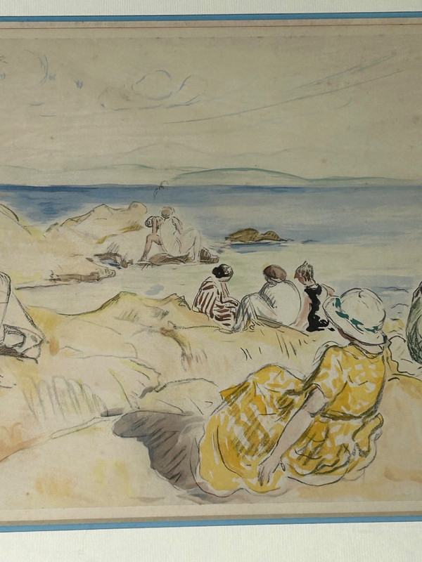 Henri Lebasque (1865-1937) Scène De Plage - Estampe Rehaussée à L'aquarelle (Druck mit Wasserfarben)