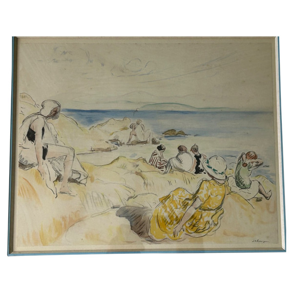 Henri Lebasque (1865-1937) Scène De Plage - Estampe Rehaussée à L’aquarelle