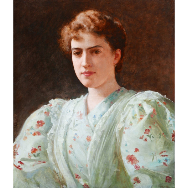 Auguste RAYNAUD, Portrait de jeune femme en robe vert pâle à motifs de fleurs