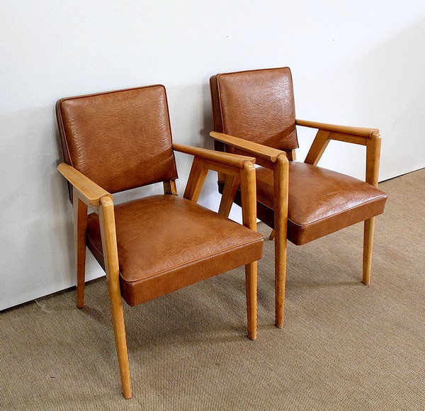 Paire de Fauteuils Bridge, en Hêtre Naturel – 1950