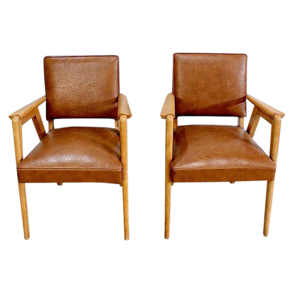 Paire de Fauteuils Bridge, en Hêtre Naturel – 1950