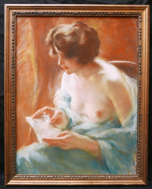 Charles Émile Moïse HORNUNG, Femme à la poitrine dénudée lisant une lettre