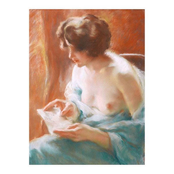Charles Émile Moïse HORNUNG, Femme à la poitrine dénudée lisant une lettre