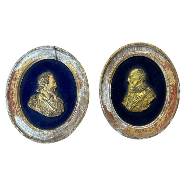 Pair De Portraits En Médaillons - Profils En Bronze Doré Henry IV Et Sully époque XVIIIème