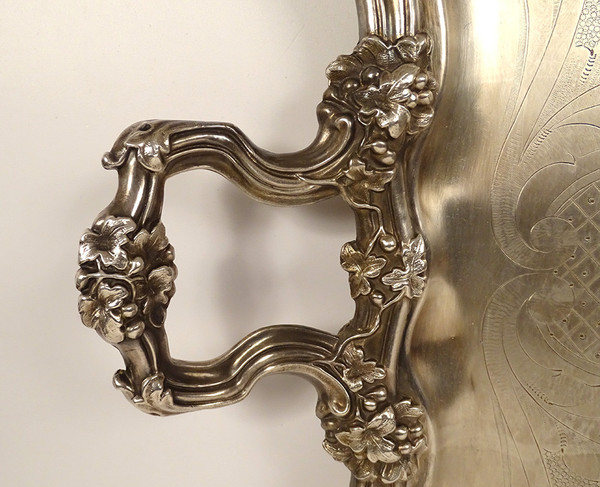 Großes Serviertablett mit Griffen, Louis XV, silberne Metallrebe, 19. Jahrhundert